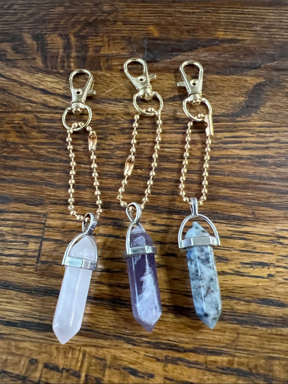 Crystal Point Stone Keychain Trio - Rose Quartz, Amethyst, White/Gray Jasper